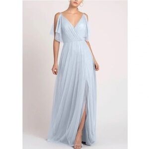 Jenny Yoo Aeryn Whisper Light Blue Mesh Tulle Long Maxi flutter Slit Dress